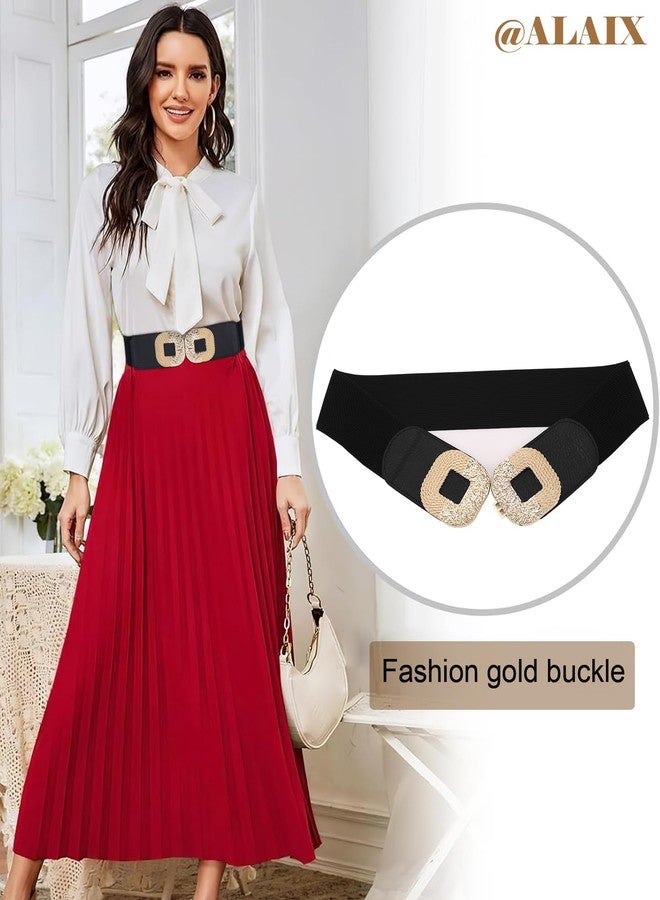 ALAIX Women's Wide Elastic Belt Gold Buckle Dress Belt Stretchy Waistband Waist Belt Cinch Belts for Women - Image 2